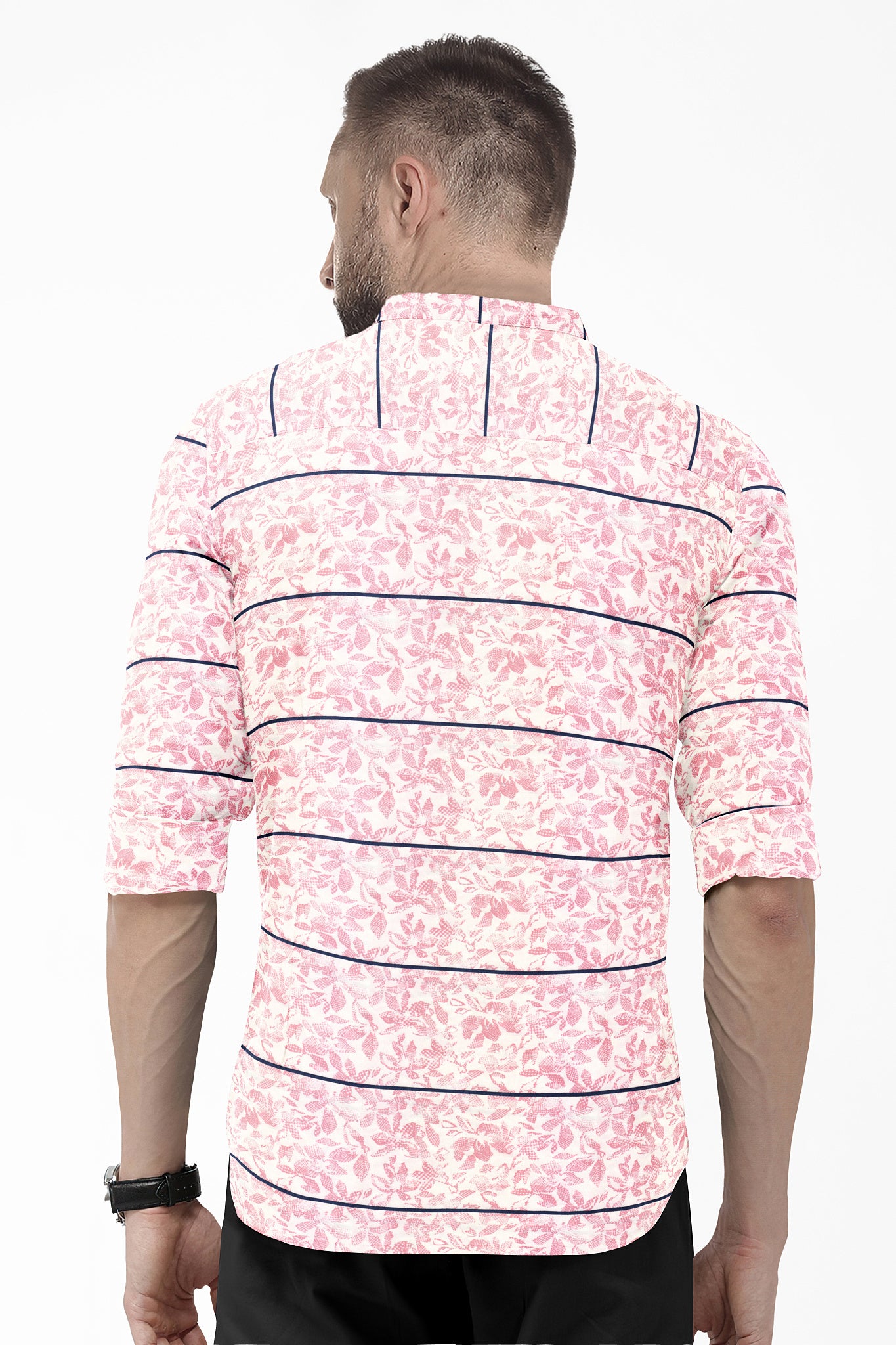 White with Royal Blue Stripes and Rose Pink Floral Printed Men's Cotton Shirt