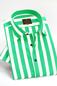 White with Spring Green Awning Stripes Men's Cotton Full Sleeve Shirt