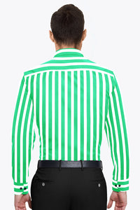 White with Spring Green Awning Stripes Men's Cotton Full Sleeve Shirt