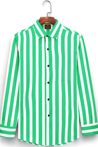 White with Spring Green Awning Stripes Men's Cotton Full Sleeve Shirt