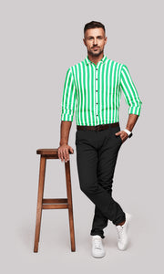 White with Spring Green Awning Stripes Men's Cotton Full Sleeve Shirt