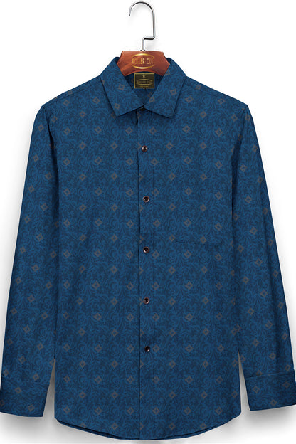 Steel Blue with Navy Floral Printed Mens Cotton Shirt
