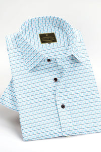 White with Black Pinstriped & Arctic Blue Leaves Printed Mens Cotton Full Sleeve Shirt