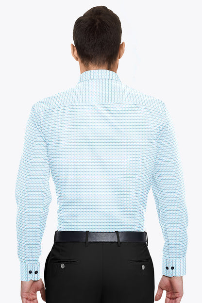 White with Black Pinstriped & Arctic Blue Leaves Printed Mens Cotton Shirt