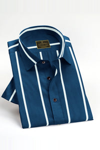 Regal Blue with White Wide Pencil Stripes Men's Cotton Shirt