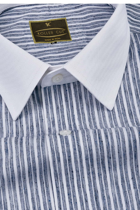 White with Navy Double Striped Mens Cotton Shirt