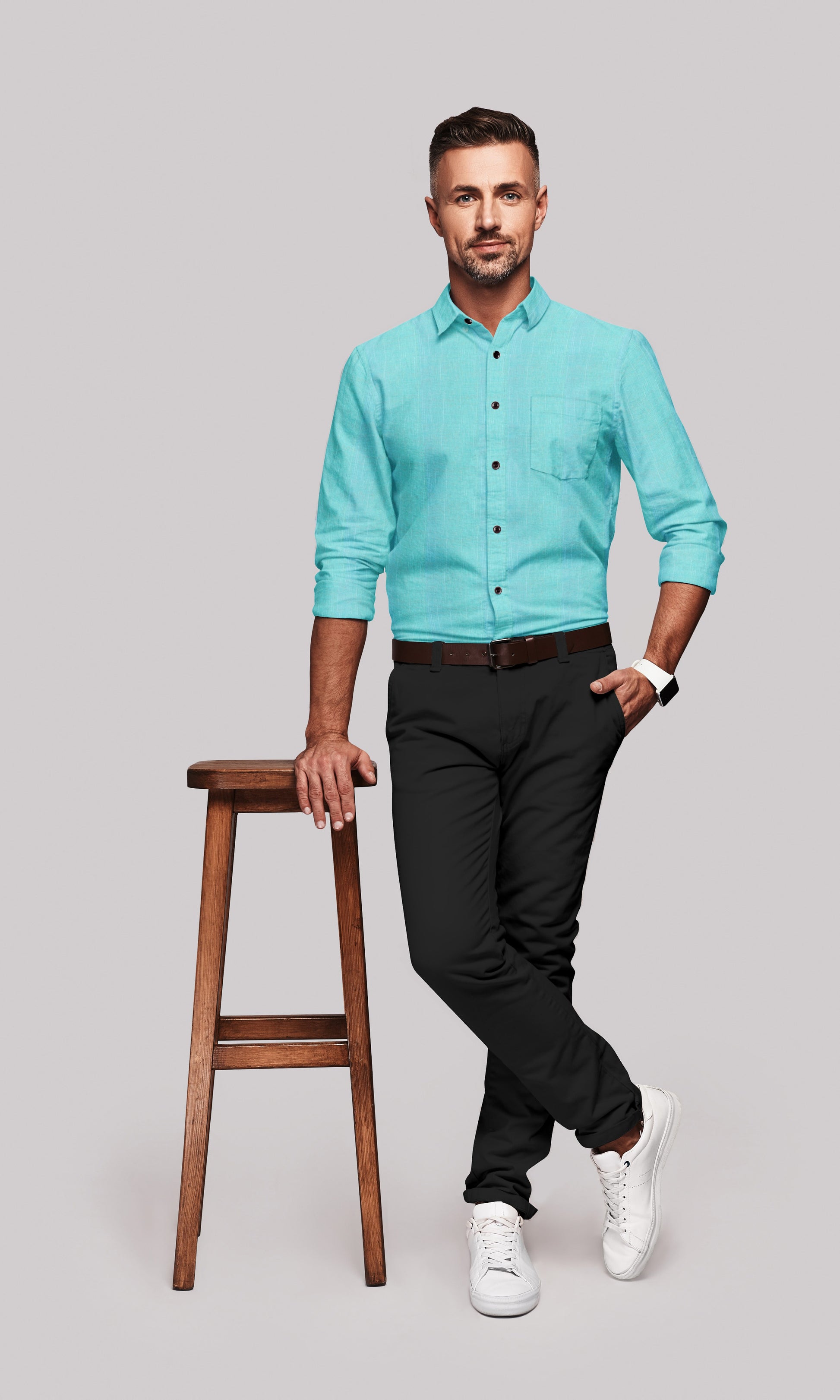Turquoise Blue Men's Cotton Linen Shirt